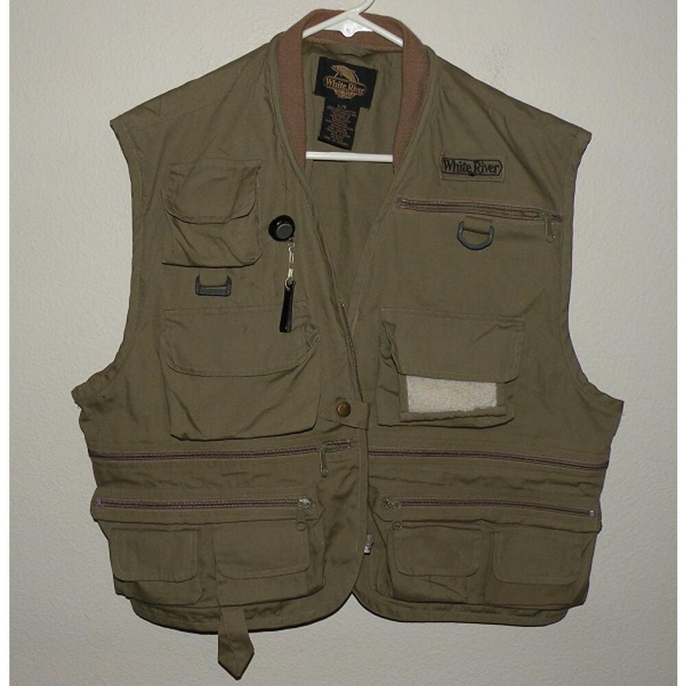 White River Fly Shop Men’s Large Fishing Vest Green 21 Zipper Hook/Loop Pockets